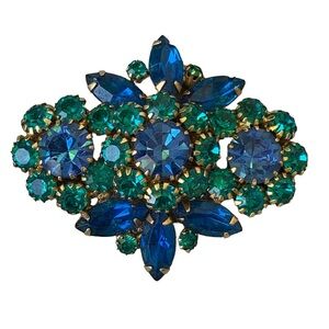 Vintage Blue Green Rhinestone Brooch Large Size Glam Mid Century